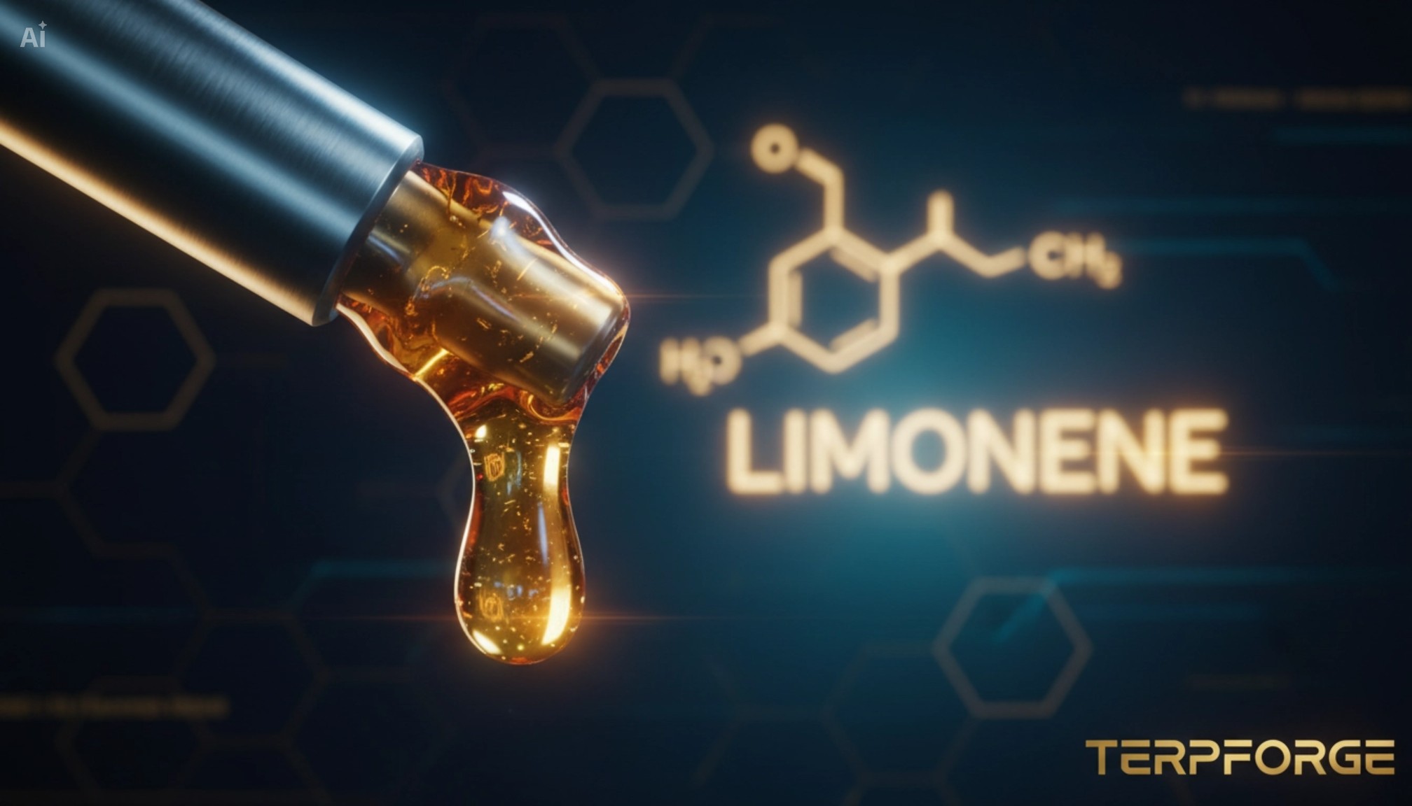 Limonene C₁₀H₁₆ terpene oil cascade with glowing schematic backdrop